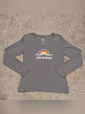 Life Is Good Gray Long Sleeve Tee Shirt Rainbow Mountain Graphic Size Small
